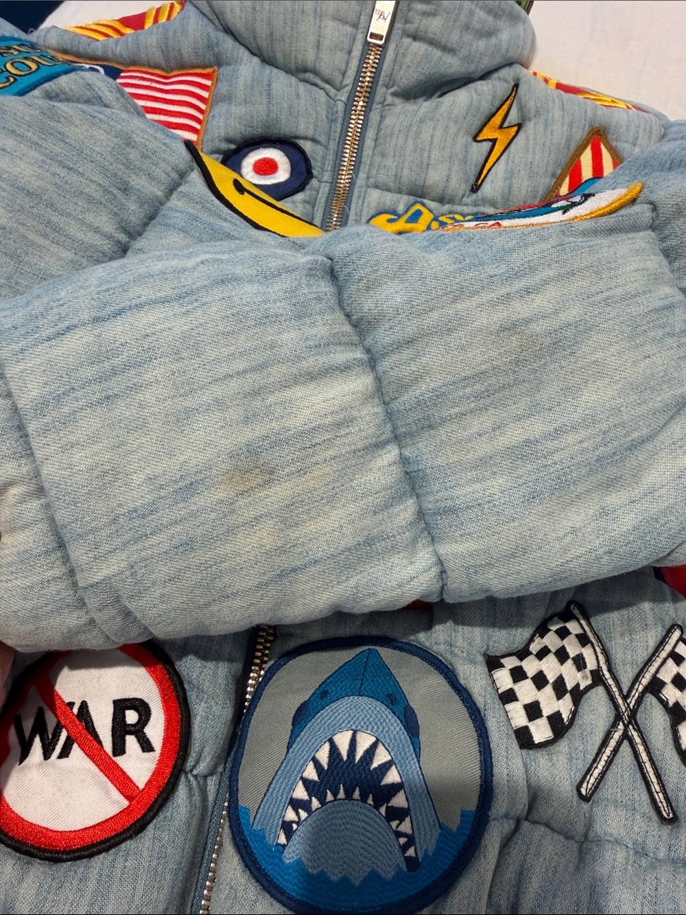 Aviator Nation Light Blue Quilted Puffer Jacket with Multicolor Patchwork - Picture 7 of 7